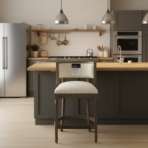 Tabouret de bar de style farmhouse avec dossier, en lin beige clair, structure en bois, finition antique - Product Image 2