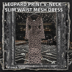 Robe mi-longue sexy vintage à manches longues, col en V, taille empire, imprimé léopard, tissée, respirante et écologique, pour printemps, été, automne - Product Image 2