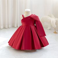 Gaun Bayi Perempuan Formal Satin Asimetris dengan Pita Besar dan Lipit, Gaun Pesta Pernikahan untuk Balita, Gaun Ulang Tahun, Grosir
