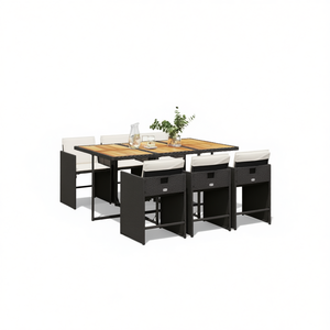 Ensemble de jardin en rotin noir et brun 6 places, mobilier de salle à manger d'extérieur, plateau en teck, structure en acier, résistant aux intempéries, design contemporain - Product Image 1