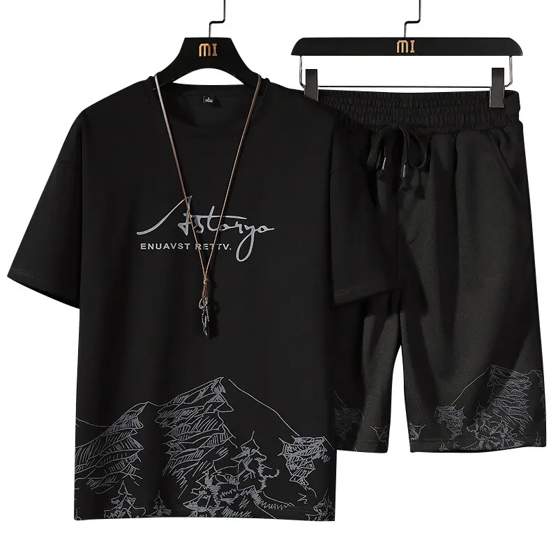 Short sleeve T-shirt suit men's summer new mountain print fashion slim fit sports two-piece set