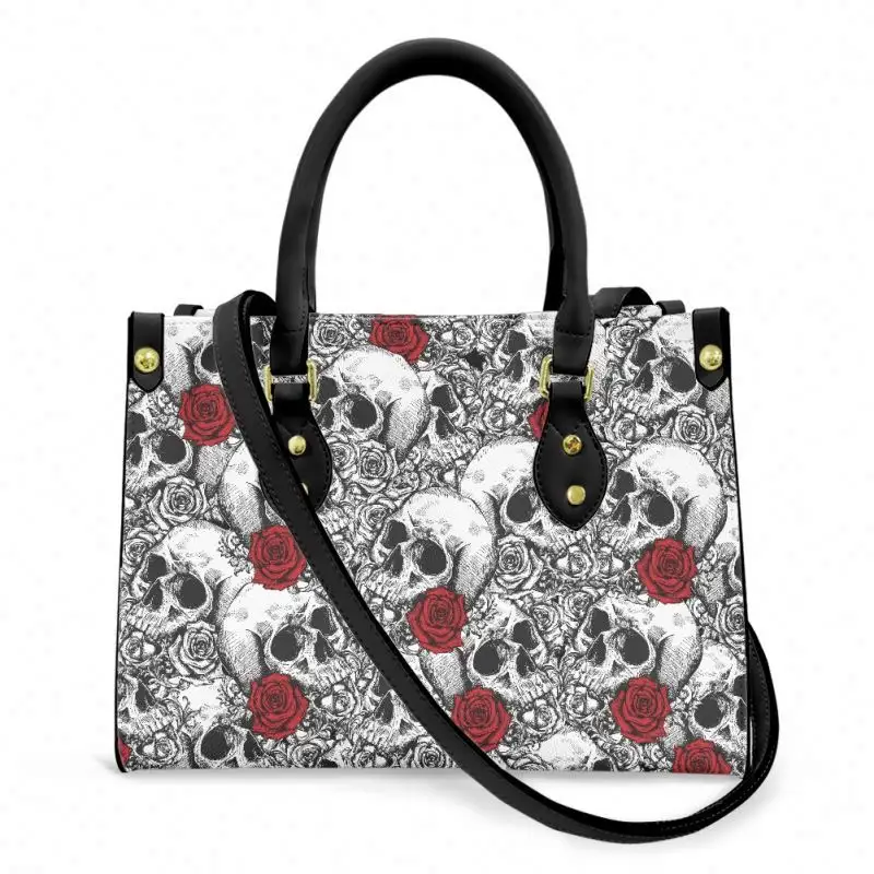 Designer Skull and Roses Pattern Handbags Women Fashion Tote Bag Leather Shoulder Bag Purse Business Work for Office Lady