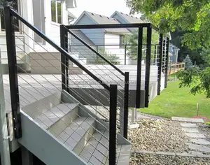 Stainless Steel Veranda Cable Wire Railing With Black Quare Post Side Mounted Balcony Diy Cable Railing Post