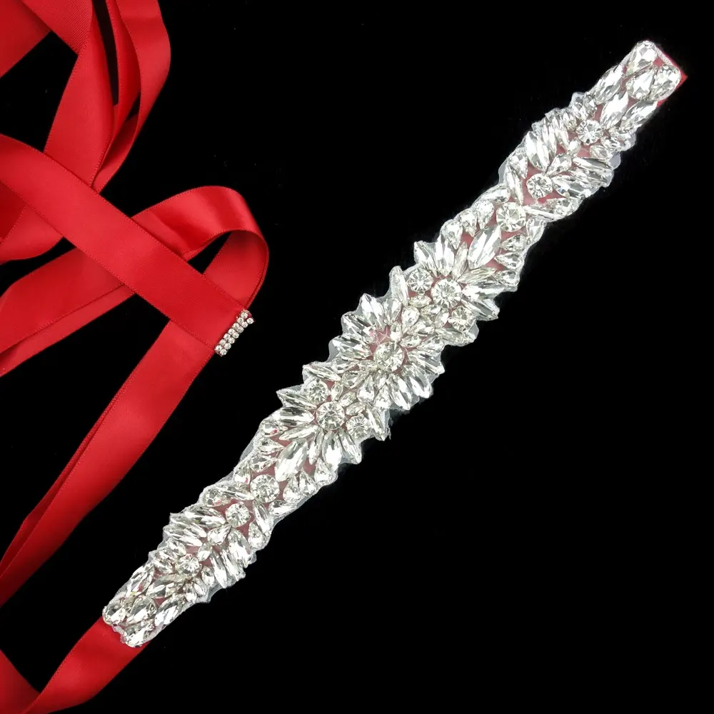 Impresionante pulsera de diamantes de imitación de plata trim rojo lazo hecho a mano cinturón de novia con cuentas para las mujeres vestido de noche