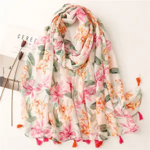 New Fancy Women Elegant Flower Print Scarves Stoles Ethnic Style Ladies Soft Long Floral Printed Cotton Scarves Shawls for Women