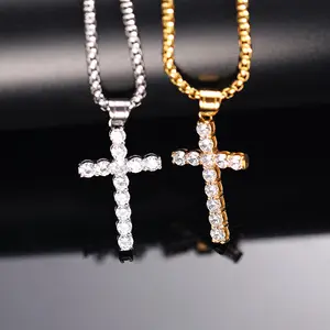 Stainless Steel Cross Pendant Jewelry Large Big Small Bling CZ Cubic Zirconia Diamond Cross Necklace for Women Men