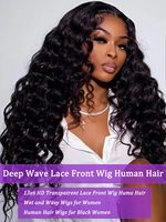 Wig Rambut Asli Virgin Deep Wave 13x6, Kepadatan 180%, HD Lace Hitam/Natural/Cokelat Tua, Medium Pre Plucked Lace Front