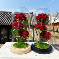 Trois roses éternelles sous cloche en verre, ornements, cadeaux pour la fête des mères, fleur simulée avec couvercle en verre, lumières LED