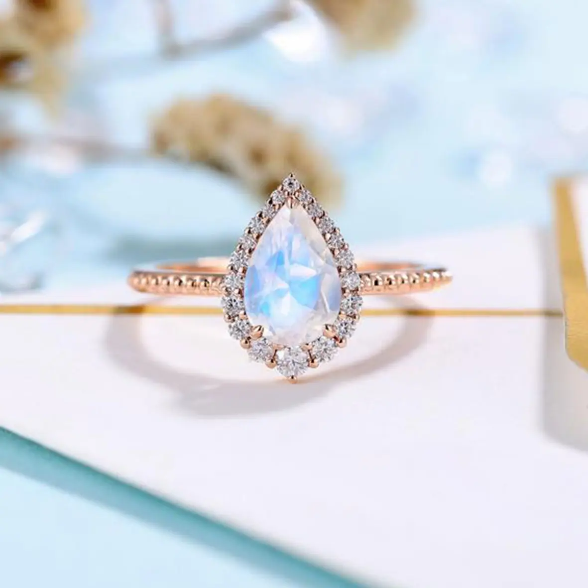 Rose Gold Plated Drop Shaped Fashion Modern Jewelry Moonstone Halo CZ Elegant Rings
