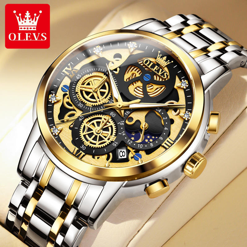 Olevs 9947, relojes para hombre, marca superior, estilo esqueleto dorado,  24 horas, día, noche, nuevo reloj de cuarzo resistente al agua Original de 