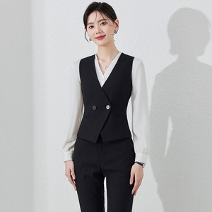 Women's Gray Suit Vest Set Slim Fit Solid Color Polyester Hotel Receptionist Uniform Bank Staff Professional Wear - Product Image 2