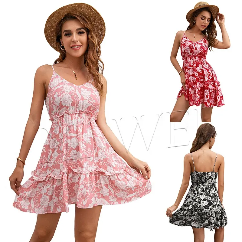 Vestido corto femenino de verano con tirantes finos y escote triangular, minivestido con tirantes y estampado floral personalizado para mujer, venta al por mayor