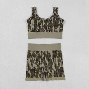 SS0642 Short de yoga imprimé camouflage vert Boutique en gros pour adulte Ensemble de sport pour femme adulte - Product Image 2