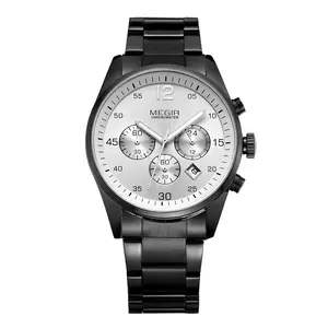 MEGIR 2010 Business Men Quartz Movement Custom Logo Men Watch Stainless Steel Luminous Watch Hot Sale Black Watch For Men