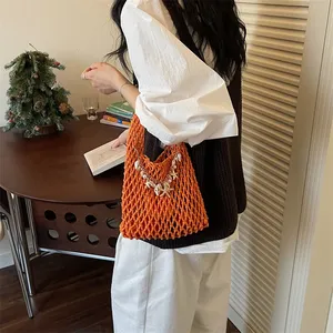 Sac seau en filet tressé d'été 2026 pour femme, sac à bandoulière en crochet fait main, fourre-tout décontracté pour <span class=keywords><strong>la</strong></span> plage et les vacances - Product Image 2