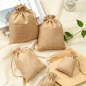 Light Color Burlap Jute Bag Drawstring Jewelry Package Small Gift Bag Wedding Packaging