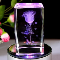 Cube en cristal avec fleurs roses romantiques, 4 pièces, en cristal, gravé au Laser, personnalisé, avec Base lumineuse led