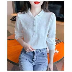 Blusa de punto de algodón de alta calidad para mujer, estilo coreano, transpirable, de manga larga, popular, informal, para oficina, color liso. - Product Image 4