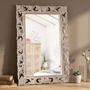 White Rosewood Contemporary <b>Rectangular</b> Ornamental Carved Eco-friendly <b>Mirror</b> | Handcrafted <b>Wall</b> <b>Mirror</b> for Wholesale - Product Image 3