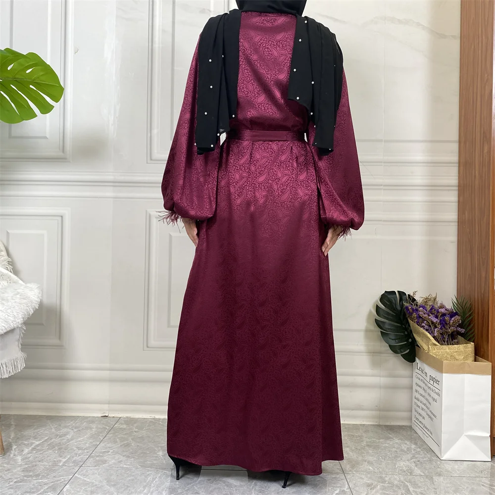 1950# New Design Satin Pretty Pattern Print With Feather Simplicity Elegant Cardigan Muslim Abaya - CHAOMENG MUSLIM SHOP