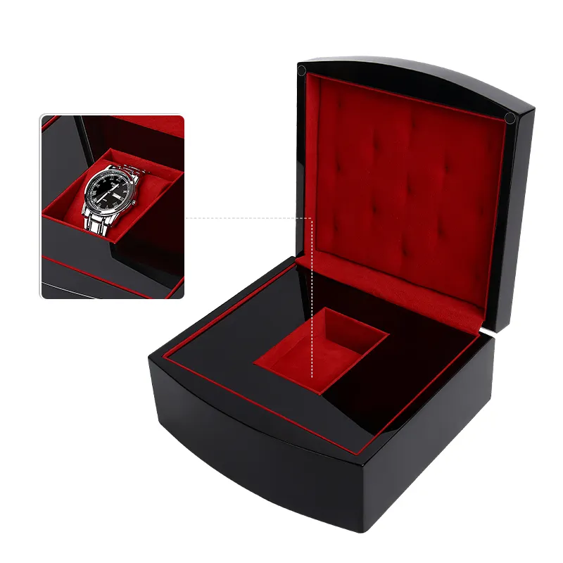고품질 고급 사용자 정의 시계 포장 로고 블랙 피아노 페인트 나무 시계 럭셔리 케이스 사용자 정의 나무 시계 상자