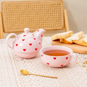 Service à thé en céramique rose en forme de cœur pour usage domestique, théière et tasses résistantes à la chaleur, coffret cadeau, été 2023, origine Chaozhou - Product Image 1