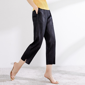 Color sólido elástico cintura alta Chiffon plisado pantalones <span class=keywords><strong>amazon</strong></span> mujeres sueltas nueve Pantalones - Product Image 6