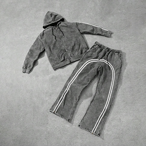 Conjunto de Sudadera con Capucha y Pantalones KingSen de Alta Calidad para Hombre, Estilo Vintage, Lavado Ácido, 100% Algodón, Cierre de Cremallera, Manga Larga, Pantalones a Rayas, Corte Holgado, Estilo Hip Hop - Product Image 2