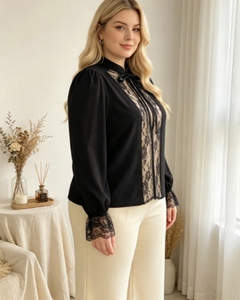 Chemisier en satin à col mandarin pour femme, manches longues, dentelle épissée, boutonnage élégant, idéal pour le bureau, décontracté, usage quotidien, haut tendance pour femme - Product Image 2