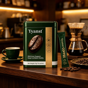 กาแฟสำเร็จรูปผสมรากพืช 10 กรัม*10 ซอง กระป๋องโลหะทรงกลมสีเขียวเข้มลายเส้นทองพิมพ์ลายเมล็ดกาแฟ รับผลิตแบบ OEM - Product Image 3