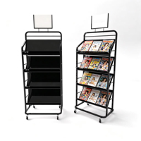 Présentoirs de Magasinage sur Pied en Métal Noir OEM Personnalisés à 4 Niveaux Anti-Rouille pour Brochures, Bandes Dessinées et Magazines avec Roues