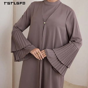 Women Mocha Brown Abaya Double Layer Pleated <b>Flared</b> Cuff Mock Neck Long Sleeve Modest Muslim Casual Elegant Maxi Dress Robe - Product Image 4