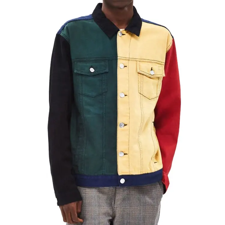 Bulk wholesale fancy button up customized color block long sleeve denim jacket for men