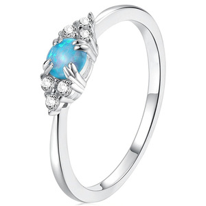 T0598 Silver Women's Engagement <b>Ring</b> With <b>Blue</b> <b>Opal</b> And Round Brilliant Cut Natural Diamonds G Color - Product Image 1