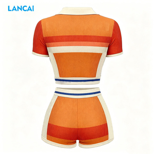 2026 Women's 2 Piece Outfit Striped Ribbed Polo Crop Top High Waist Biker Shorts Set Retro Sportswear Casual Matching Tracksuit - Product Image 2