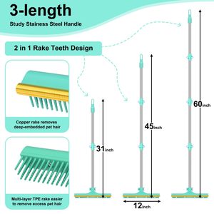 Lüks özel 3-in-1 Pet saç çıkarıcı süpürge kullanımlık 60 \ "kediler için ayarlanabilir uzun saplı halı tırmık paslanmaz çelik kauçuk - Product Image 3