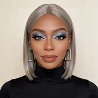 Perruque complète courte et droite, style bob, à raie centrale, en fibre haute température, grise, moelleuse et tendance