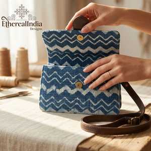 Clutch Azul Índigo, Tejido a Mano, con Diseño de Zig Zag, Estilo Bohemio, para Tablet y Portátil, con Correa de Cuero, Ideal para Regalo - Product Image 3