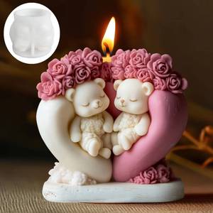 <b>Cute</b> Candle Silicone Rose Animal Epoxy Resin Heart-Shaped Flower <b>Bear</b> Plaster Mold, Valentine's Day Gift - Product Image 2