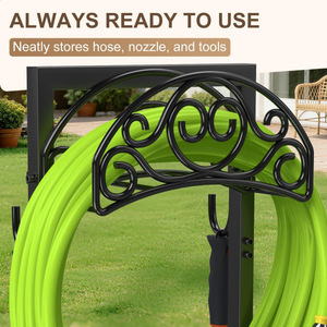 Freestanding <b>garden</b> hose holder, hose storage rack with tool <b>hooks</b>, can hold up to 150 feet of hose. - Product Image 4