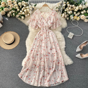 Abbondante modello stili signore estate <span class=keywords><strong>abito</strong></span> floreale manica corta svasata Backless elastico in vita doppio strato vestito Casual - Product Image 1