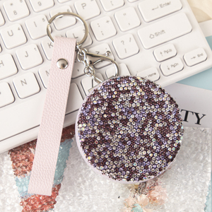 Miroir de poche pliable de luxe personnalisé avec logo, orné de strass en cristal violet, porte-clés et breloque de sac, miroir compact de maquillage – Vente en gros - Product Image 3