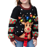 Pull de Noël en tricot pour enfant avec rennes et lumières LED intégrées, col rond, unisexe, 100 % coton