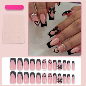 Faux Ongles Français Moyens Bordure Noire Décoration <span class=keywords><strong>Strass</strong></span> Nœud Papillon Ongles 3D Kit d'Ongles à Presser - Product Image 2