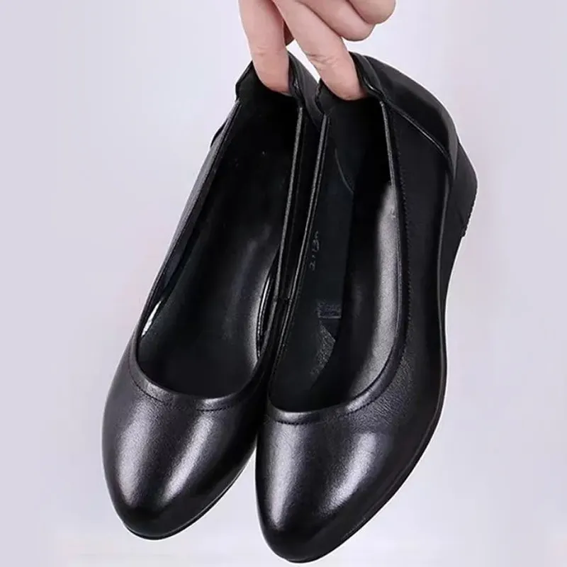 Comfort Black Leather Round Toe Dress shoe Office Women's Casual Shoes For ladies Wedges non-slip shoes upper synthetic leather