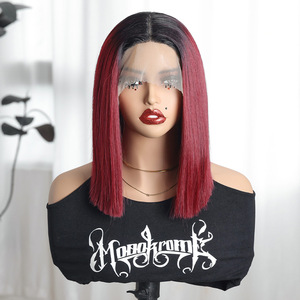 Perruque à lacet frontal de qualité supérieure en gros 13*4*<span class=keywords><strong>1</strong></span>, perruque courte bob rouge ombrée droite, longueur épaule, pour femmes - Product Image 2