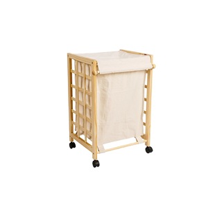 Bamboo <b>laundry</b> basket sorting machine with rolling <b>trolley</b> basket, featuring lockable wheels and movable bags. - Product Image 4