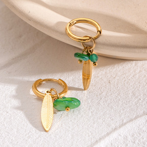 Pendientes de hebilla de oreja de pluma dorada <span class=keywords><strong>con</strong></span> hoja de piedra Natural de acero inoxidable Vintage estilo de <span class=keywords><strong>aro</strong></span> <span class=keywords><strong>con</strong></span> Jade como piedra principal - Product Image 2