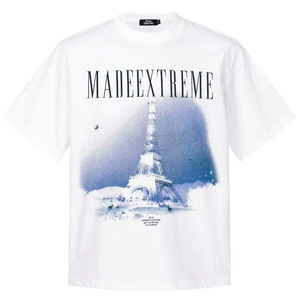 เสื้อยืดสีขาวที่มีดีไซน์สไตล์เรโทร โดดเด่นด้วยภาพทิวทัศน์เมืองและหอไอเฟล ปรับแต่งได้และใช้ได้ทั้งชายและหญิง.F10 - Product Image 1