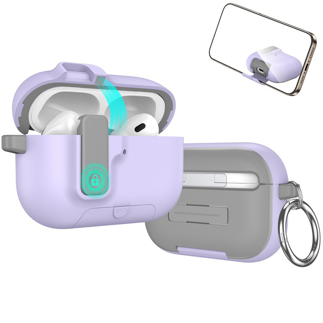 Shockproof Earphone Case Cover with Security Lock Hidden Phone Stand Carabiner for Airpods 4 Protective Case for Airpods Pro 3